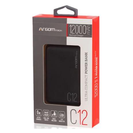 Power Bank Argomtech C12 Ultracompacto 12000mAh 2 Puertos 2.1A/2A Color Negro