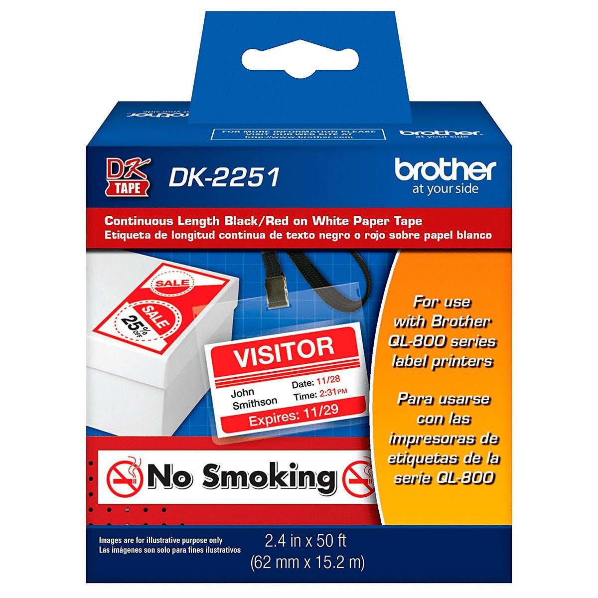 Rollo de Etiqueta Autoadhesiva Brother DK-2251 DK Rojo sobre Blanco Brother QL-800,QL-810W.