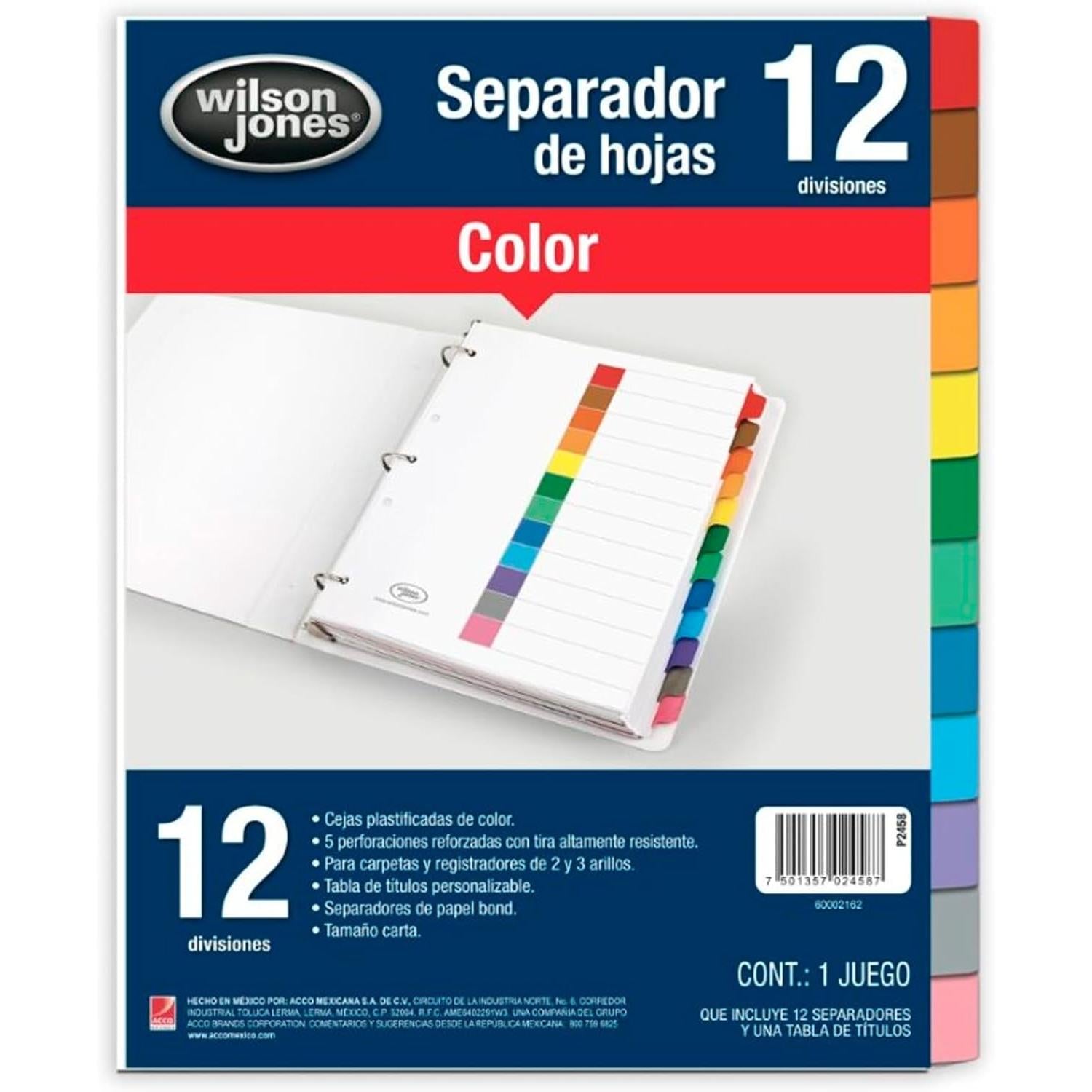 Separadores de hojas Acco Wilson Jones TAB, 12 Divisiones, 5 Piezas, Rojo
