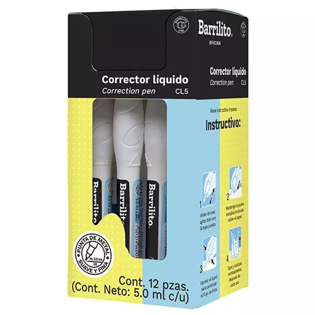 Corrector Líquido Tipo Pluma 5ml Secado Rapido Punta Metálica. Paquete 12 Pieza(s)