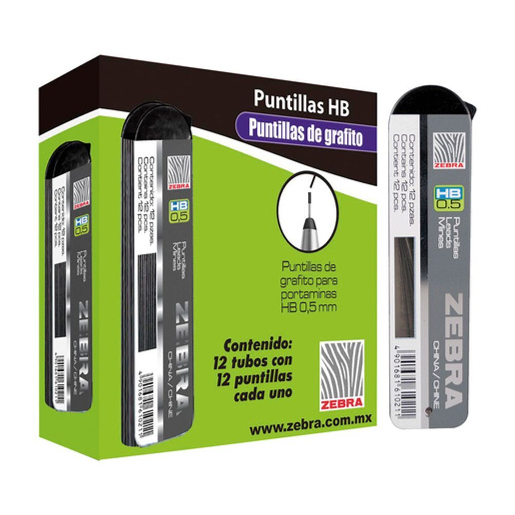 Puntillas Zebra HB (0.5mm) Grafito Negro 12 Tubo(s) 12 Puntilla(s) c/u