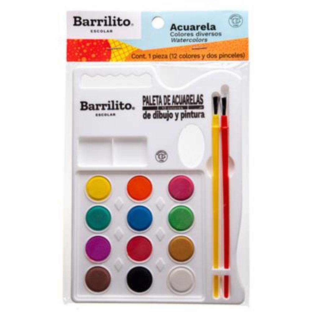 Paleta de Pinturas Acuarelas Barrilito ACP12 Base de Agua no Toxico 12 Colore(s) 2 Pincele(s)