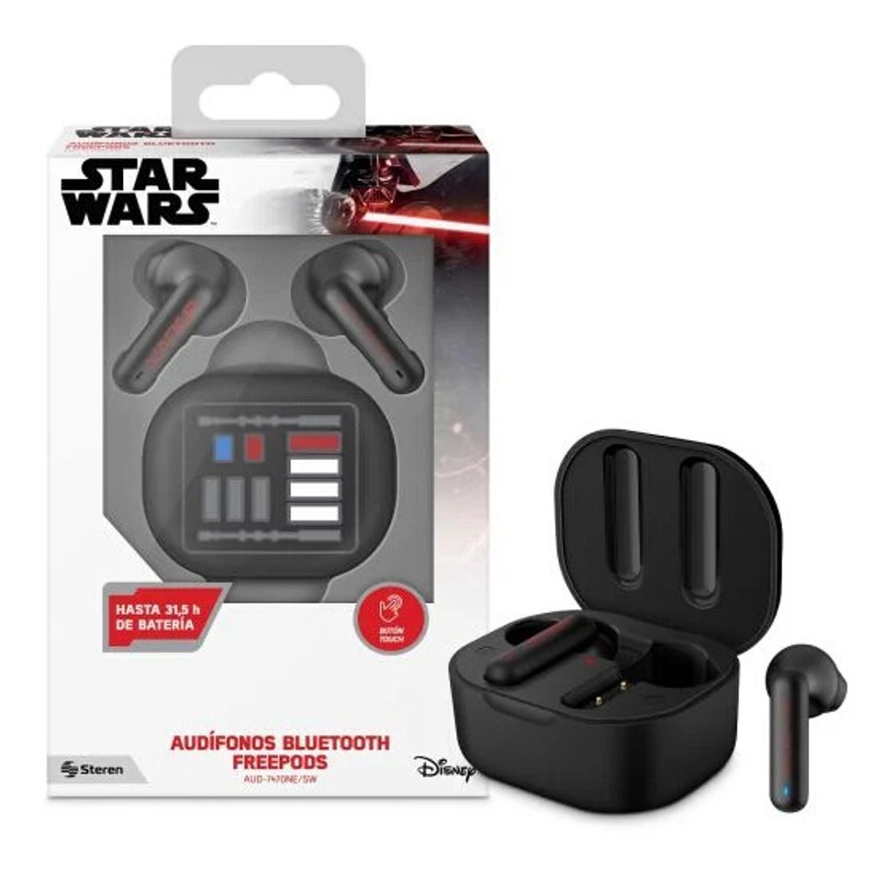 Audífonos Steren FreePods Star Wars Darth Vader AUD-7470NE/SW Estilo Intra-Oído Tipo Biauricular Intra-aural Conectividad Inalámbrico-Bluetooth TWS Micrófono Integrado Capacidad de la Batería 450 mAh Color Negro