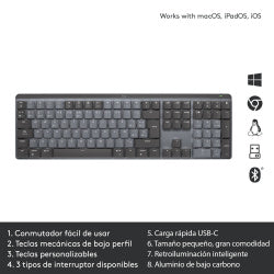 Teclado Logitech MX Mechanical, Inalámbrico, Bluetooth, Grafito (Español)