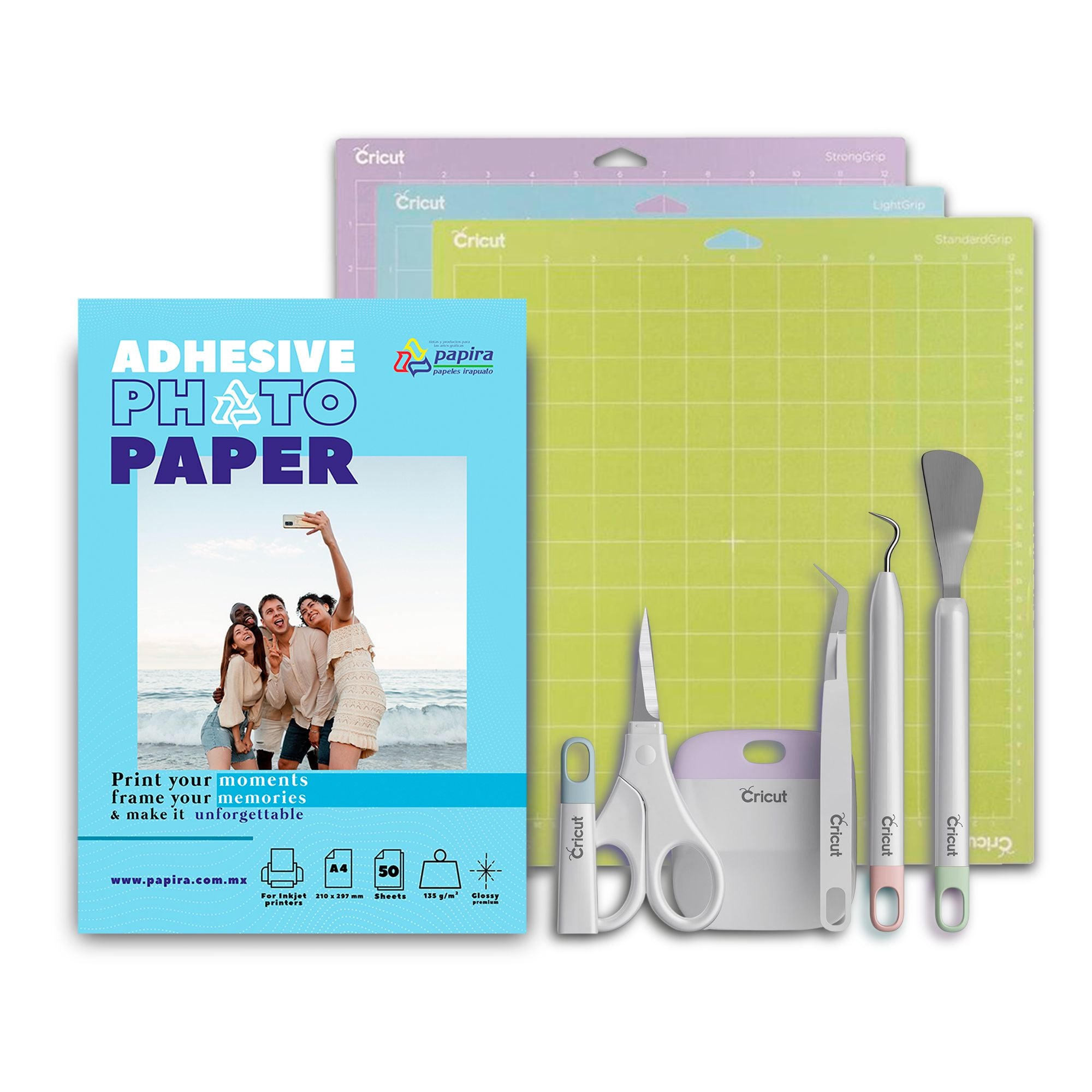 Kit Herramientas Esenciales Cricut + Papel Fotográfico Adhesivo Papira Crafting