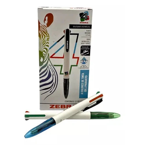 Bolígrafo Zebra 4 Color Retráctil Punto Mediano 1.0mm Colores Negro-Azul-Rojo-Verde C/12 Pzas