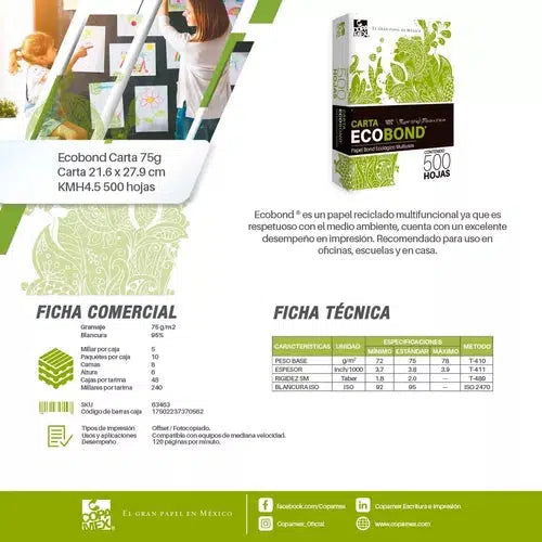 Papel Bond Ecológico Multiusos Copamex Blanco Carta 500 H