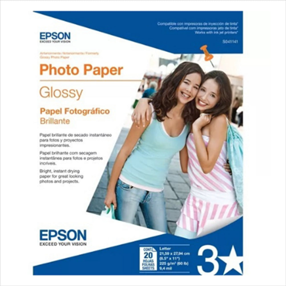 Papel Fotografico Epson S041141 (8,5"x11" ) Impresora de Inyección de Tinta Tamaño Carta Tipo Mate Brilloso Color Blanco 20 Hoja(s)