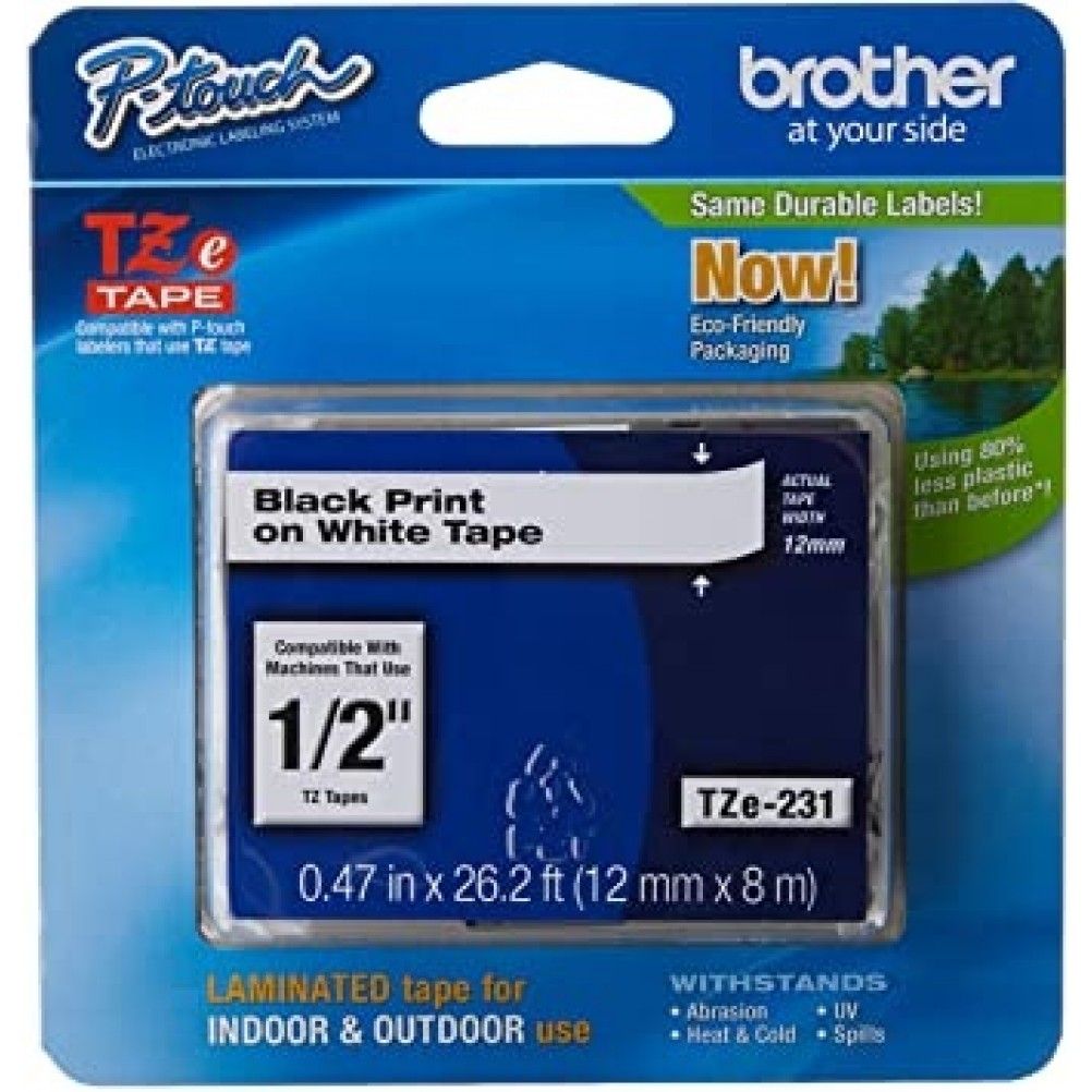 CINTA BROTHER TZE231 NEGRO EN BLANCO, 12MM X 8M