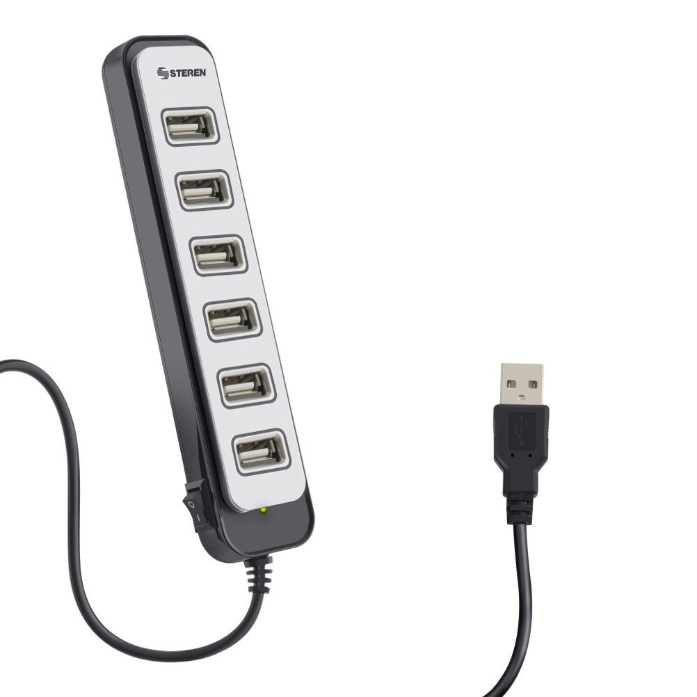 Hub de Interfaz Steren USB-537 Alámbrico 7 Puertos USB 2.0 Adaptador AC Incluido Negro, Gris