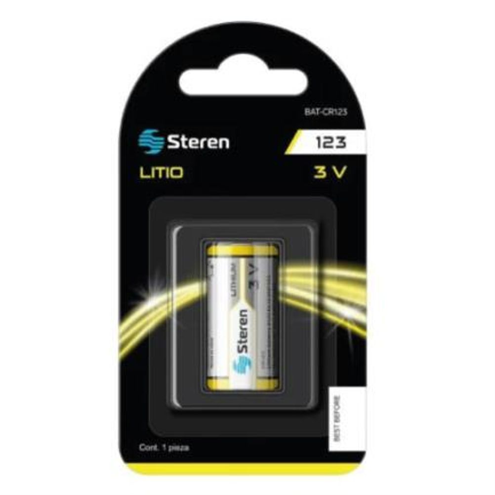 Pilas Domésticas Steren BAT-CR123 Batería Alcalina Tipo Cilindro 3V 1400 mAh Material Níquel-Metal Hidruro Color Amarillo, Plata