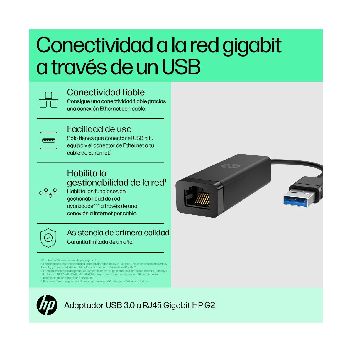HP Adaptador USB 3.0 Macho - RJ-45 Hembra, Negro