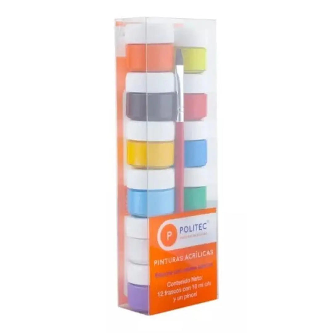Kit Pintura Acrílica Politec 12 Colores 10 Ml C/u y Pincel