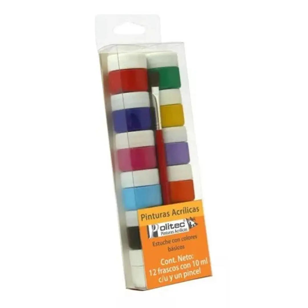 Kit Pintura Acrílica Politec 12 Colores 10 Ml C/u y Pincel