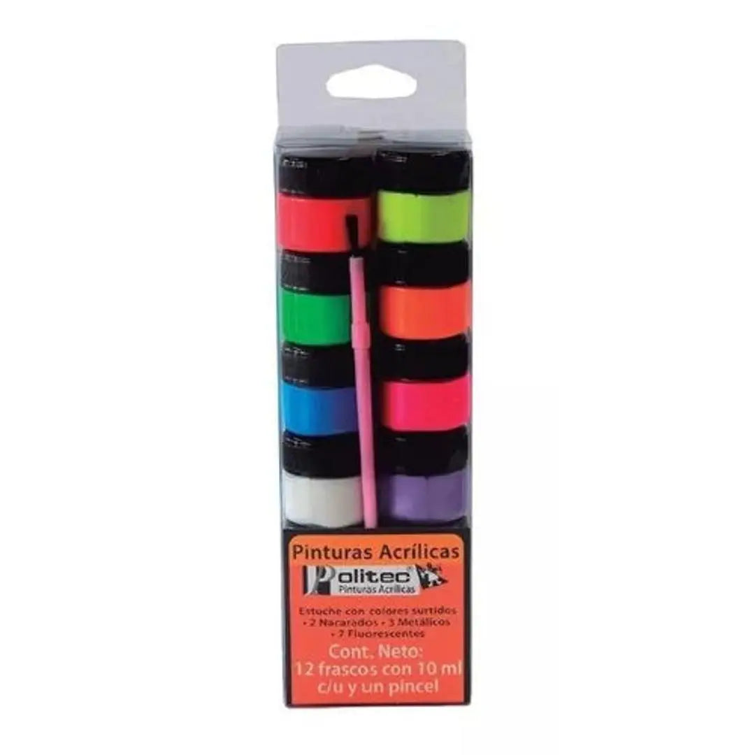 Kit Pintura Acrílica Politec 12 Colores Neón Y Metálicos 10 Ml C/u y Pincel