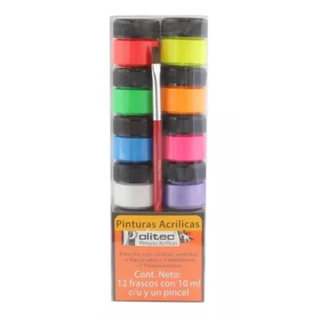 Kit Pintura Acrílica Politec 12 Colores Neón Y Metálicos 10 Ml C/u y Pincel