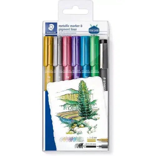 Marcador Plumón Metálico Staedtler 6 Colores Y 1 Estilógrafo