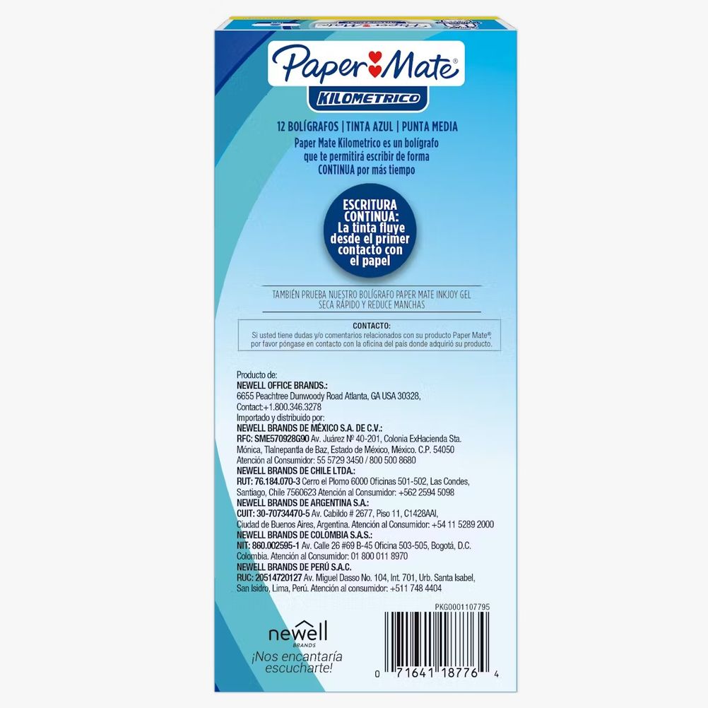 Boligrafo Papermate Kilometrico Economico Punta Media 1.0mm Tinta Color Azul 12 Pieza(s)
