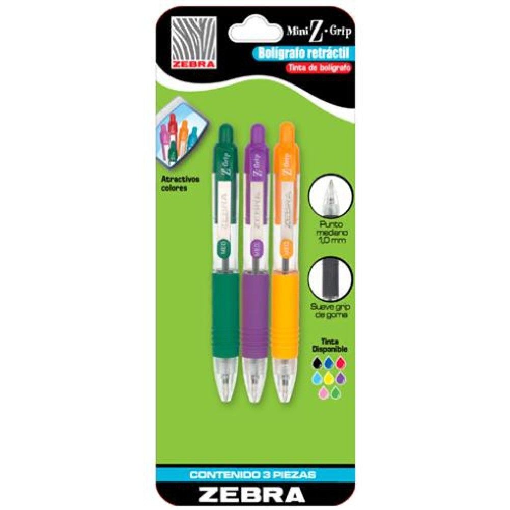 Kit de Boligrafos Zebra 7907-06 Punta Media Retractil Aceite Multicolor 3 Pieza(s)