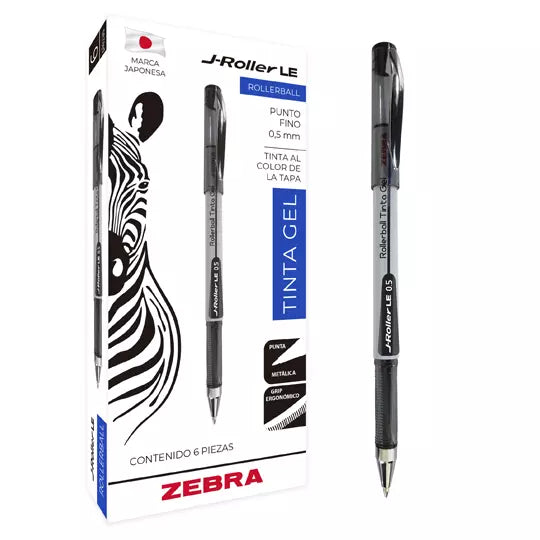 Bolígrafo Zebra J-Roller LE Punto Fino 0.5mm Tinta Gel Color Negro C/6 Pzas
