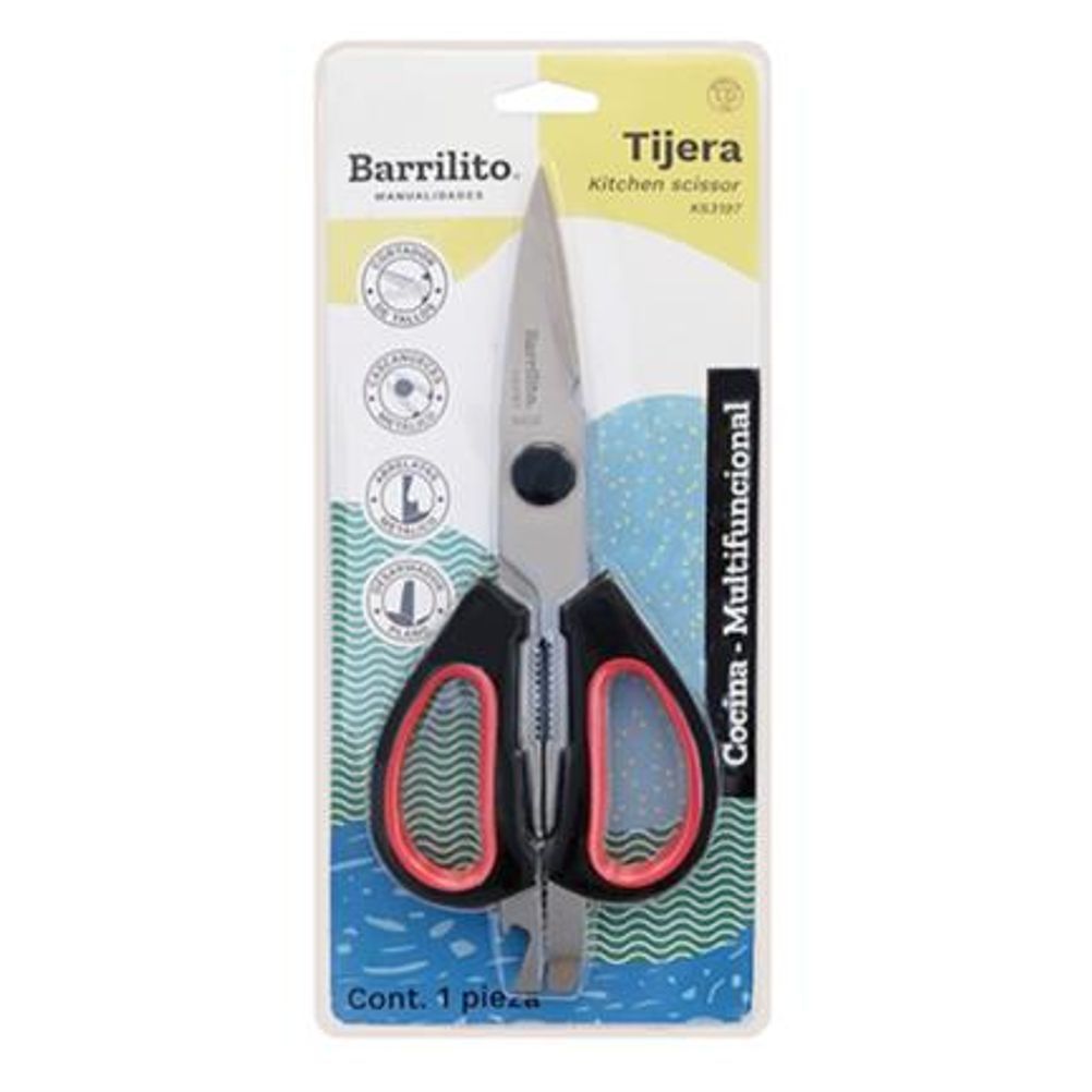 Tijera Barrilito KS3197 ( 8") Grande Mango de Plástico Bimaterial Forjadas Punta Roma Cuchillas de Acero Inoxidable Negro