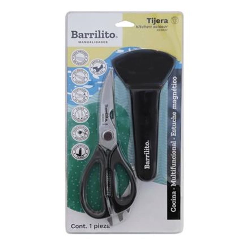 Tijera Barrilito KS303C ( 8") Grande Mango de Plástico Bimaterial Forjadas Punta Roma Cuchillas de Acero Inoxidable Negro + Estuche