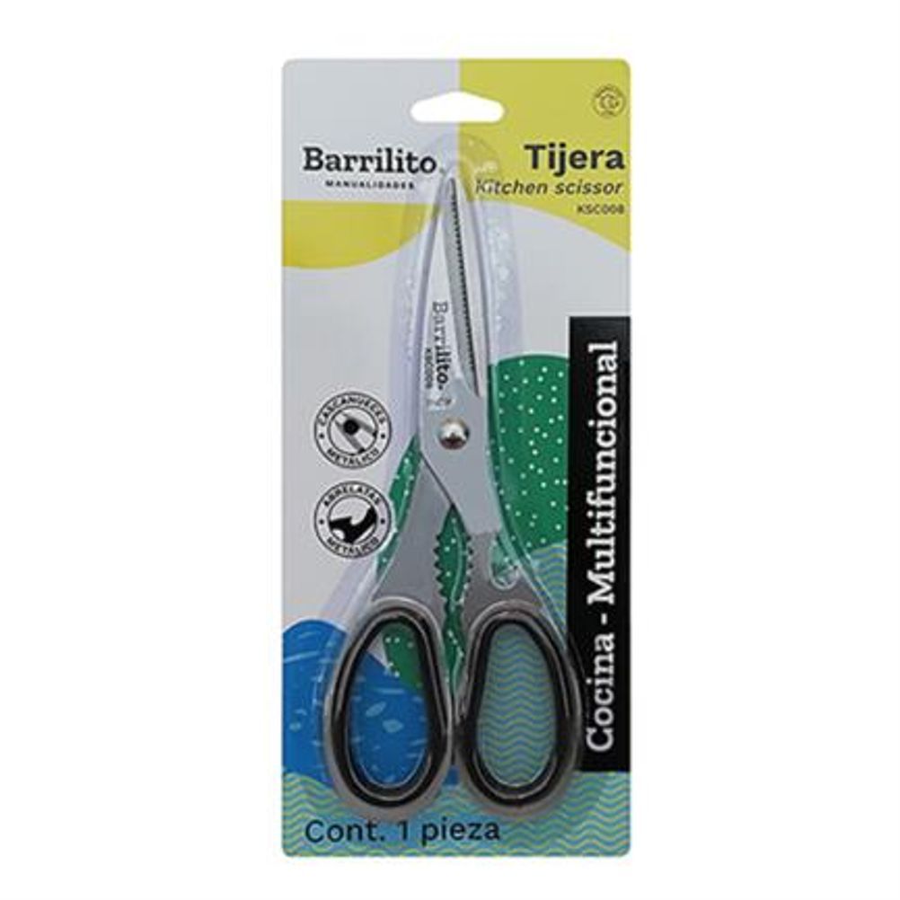 Tijera Barrilito KSC008 ( 7") Grande Mango de Plástico Bimaterial Forjadas Punta Roma Cuchillas de Acero Inoxidable Gris