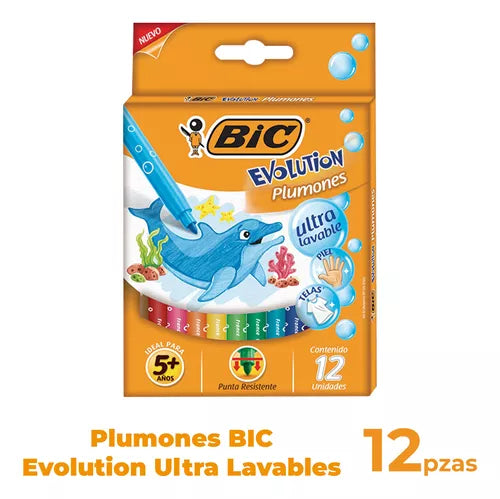 Plumón Bic Evolution Ultra Lavable Colores Intensos 12 Pzas