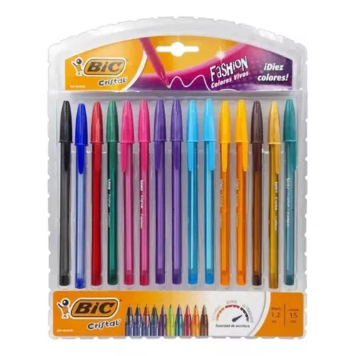Pluma Bic Cristal Fashion Escritura Colorida 1.2 Mm 15 Pzs