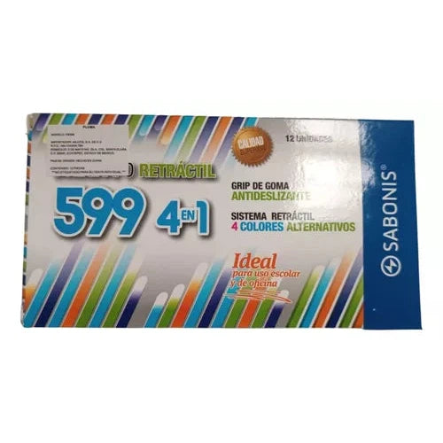 Pluma Bolígrafo Retráctil 599 Sabonis 4 En 1 Grip Goma 12 Pz