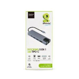 BRobotix Docking Station 5 en 1 USB C, 2x USB 3.0, 1x HDMI, 1x RJ-45, 1x USB C, Plata