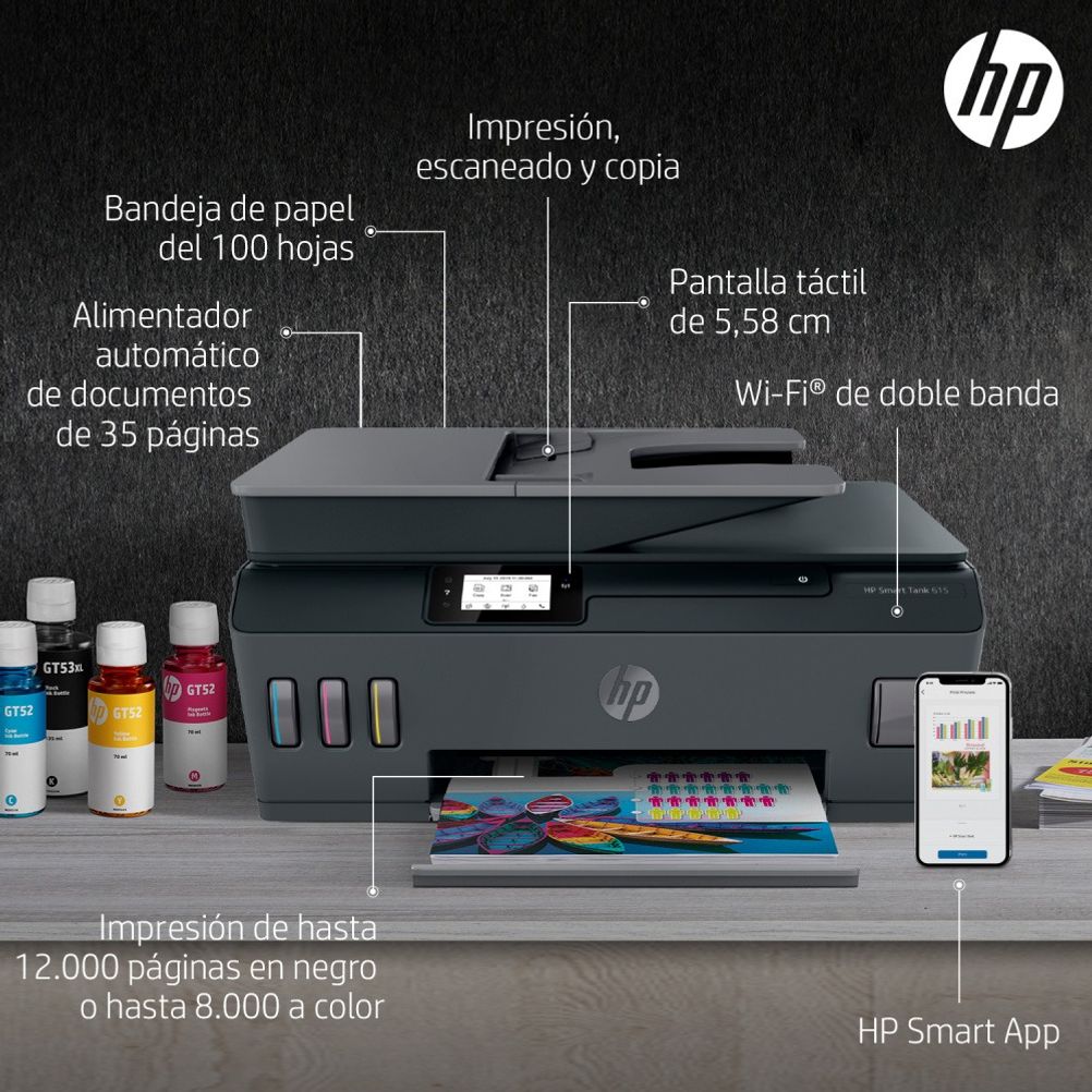 Impresora Multifuncional HP Smart Tank 615, Color, Inyección, Inalámbrico, Print/Scan/Copy/Fax