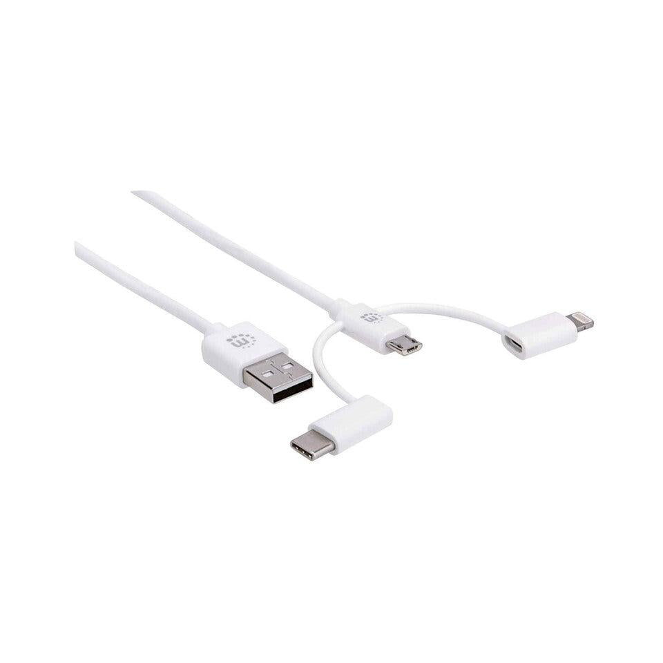 Manhattan Cable USB A - Micro USB B/USB C/Lightning Macho, 1 Metro, Blanco