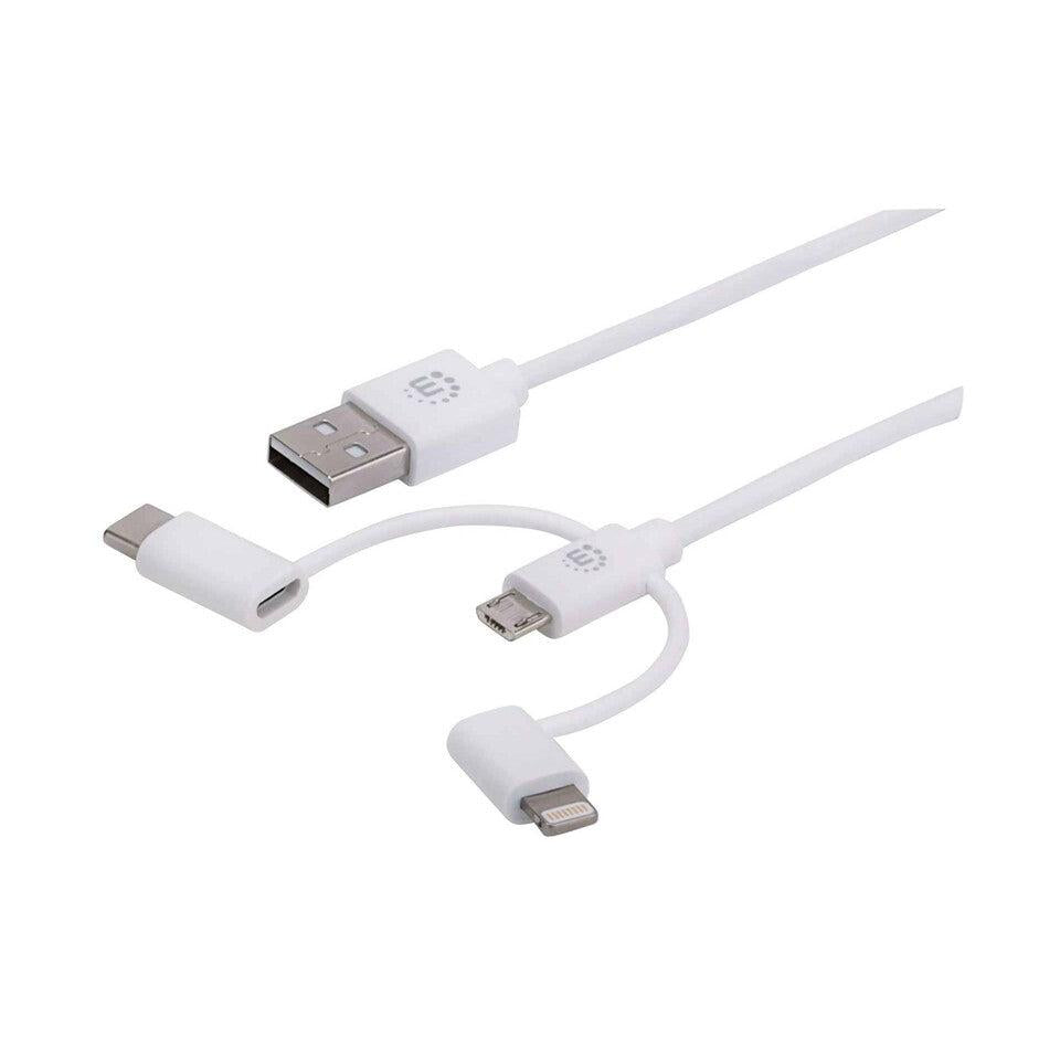 Manhattan Cable USB A - Micro USB B/USB C/Lightning Macho, 1 Metro, Blanco