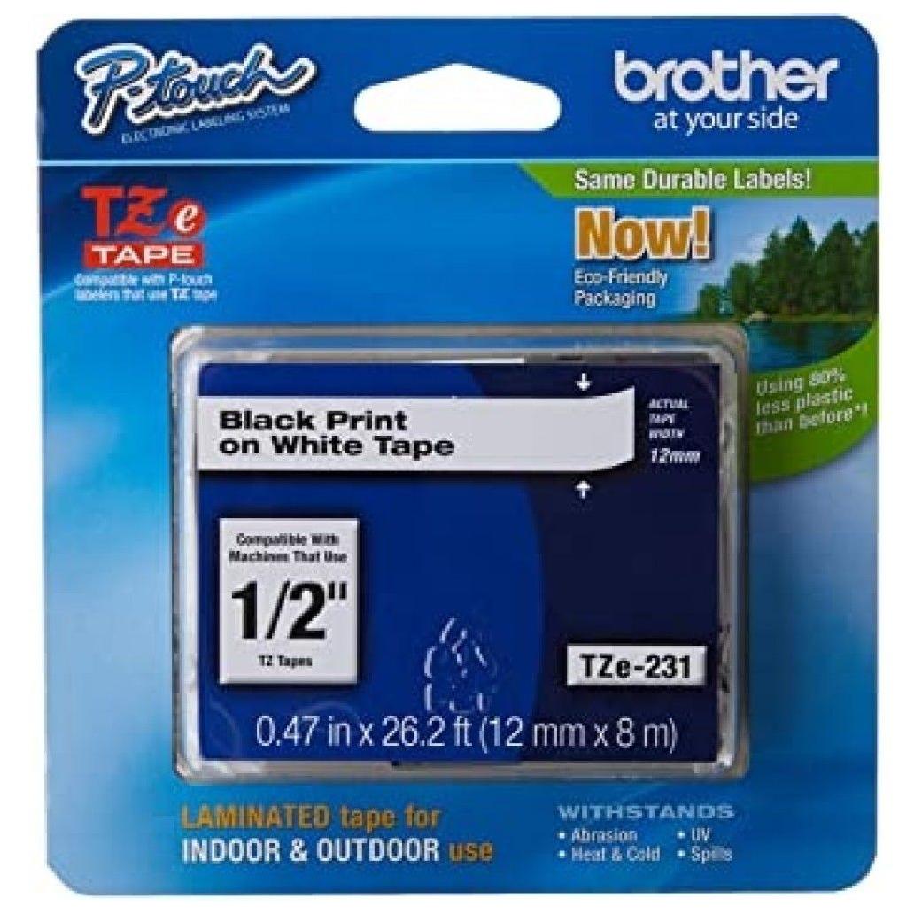 CINTA BROTHER TZE231 NEGRO EN BLANCO, 12MM X 8M