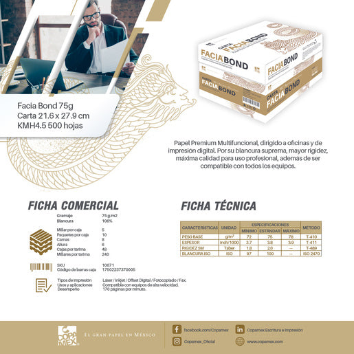 Copamex Papel Facia Bond 75g/m², 5000 Hojas de Tamaño Carta, Blanco