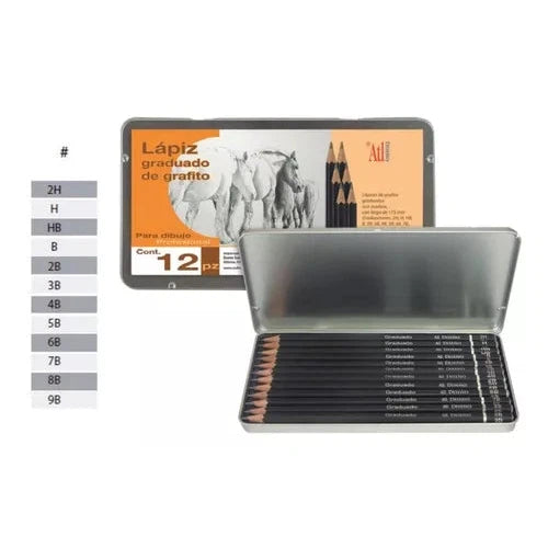 Lápices De Grafito Estuche Metal Madera Dibujo Atl 12 Piezas