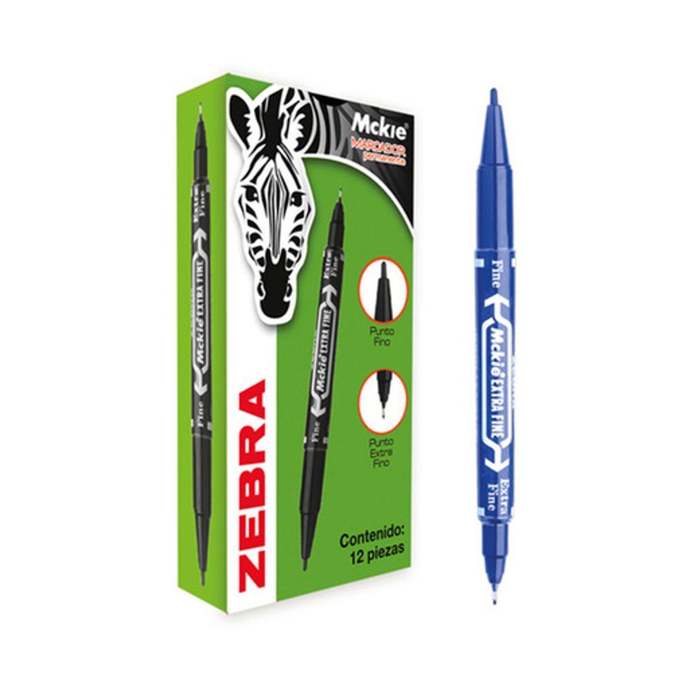 Marcador Permanente Zebra Mckie Doble Punta Fina/Extra Fina Cuerpo Redondo Color Azul 12 Pieza(s)