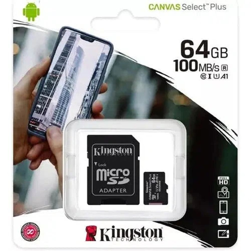 Memoria Flash Kingston Technology Canvas Select Plus MicroSDXC 64GB UHS-I Clase 10 U1 con Adaptador.