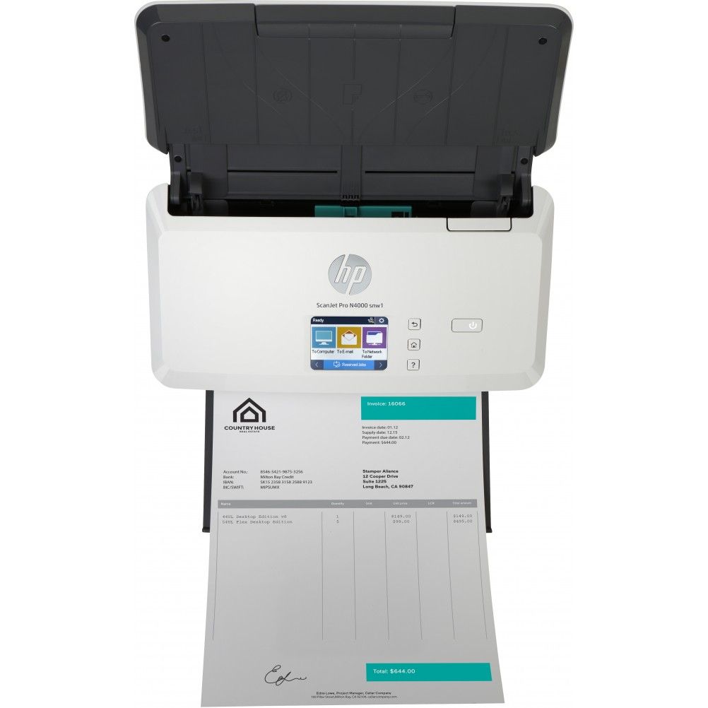 Escáner HP Scanjet Pro N4000 Snw1, 600 X 600 Dpi, Escáner Color, Escanadeo Dúplex, Usb, Negro/Blanco 6Fw08A
