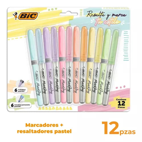 Plumón Bic Permanente Pastel Y Resaltadores Pastel 12 Piezas