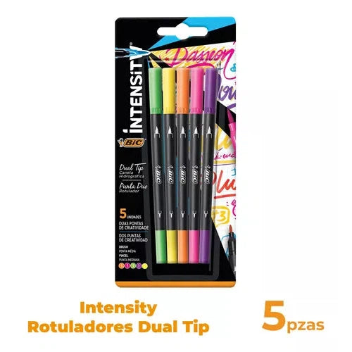 Plumón Bic Intensity Doble Punta Punto Fino Y Pincel 5 Pzas