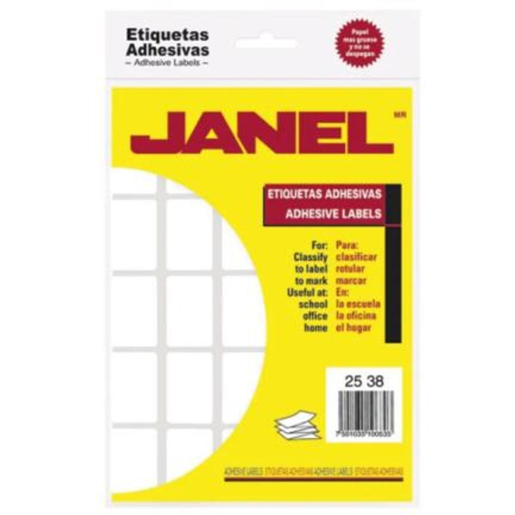 Etiqueta Adhesiva Janel Diámetro de las Etiquetas (25X38) mm Cantidad de Etiquetas por por Paquete 500 Pieza(s) Material Acrílico Base Agua Color del Producto Amarillo, Blanco Mate