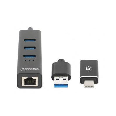 Manhattan Hub USB Macho - 3 Puertos USB Hembra,1x RJ-45, 5000Mbit/s, Negro