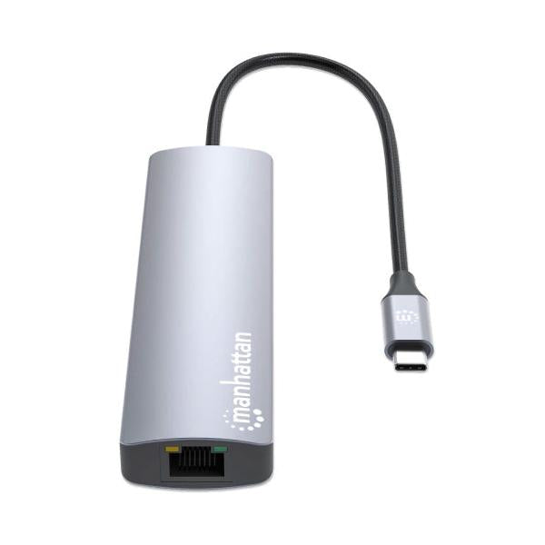 Manhattan Hub USB-C Macho - 2x USB-A, 1x USB-C, 1x HDMI 1x RJ-45, 1x SD, 1x, Micro SD, Gris