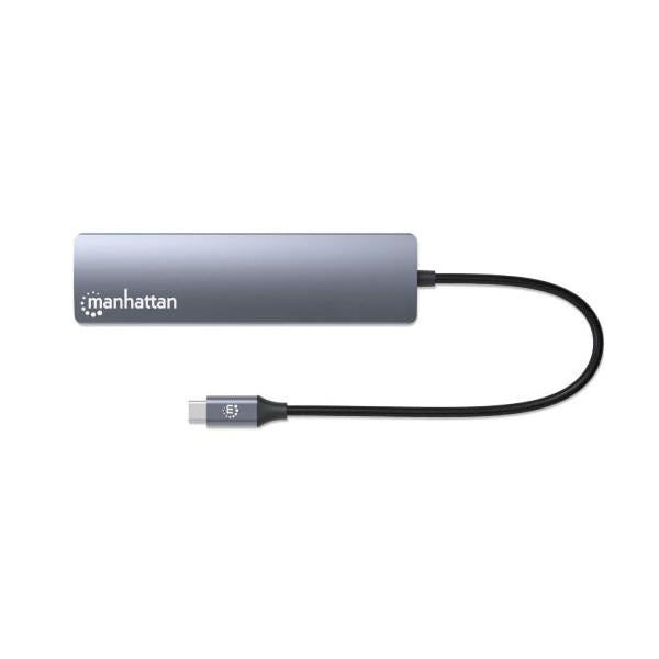 Manhattan Hub USB-C Macho - 2x USB-A, 1x USB-C, 1x HDMI 1x RJ-45, 1x SD, 1x, Micro SD, Gris