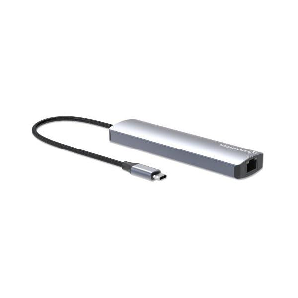 Manhattan Hub USB-C Macho - 3x USB 3.0, 1x USB-C, 1x HDMI 1x RJ-45, Gris