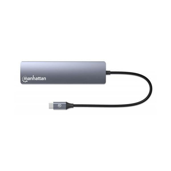 Manhattan Hub USB-C Macho - 3x USB 3.0, 1x USB-C, 1x HDMI 1x RJ-45, Gris