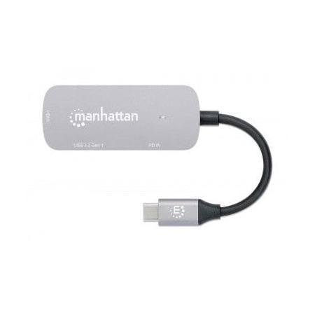 Manhattan Hub USB-C Macho, 1x HDMI 1x USB-A 3.2, 1x USB-C PD, 5 Gbit/s, Gris