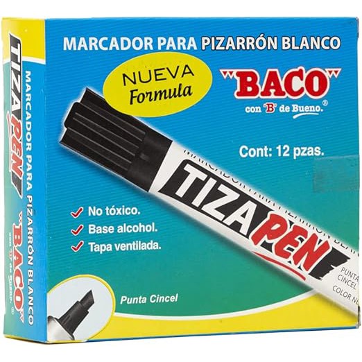 Marcador Baco Barril Tizapen Punta de Cincel Cuerpo Redondo Base de Alcohol Color Negro 12 Pieza(s)